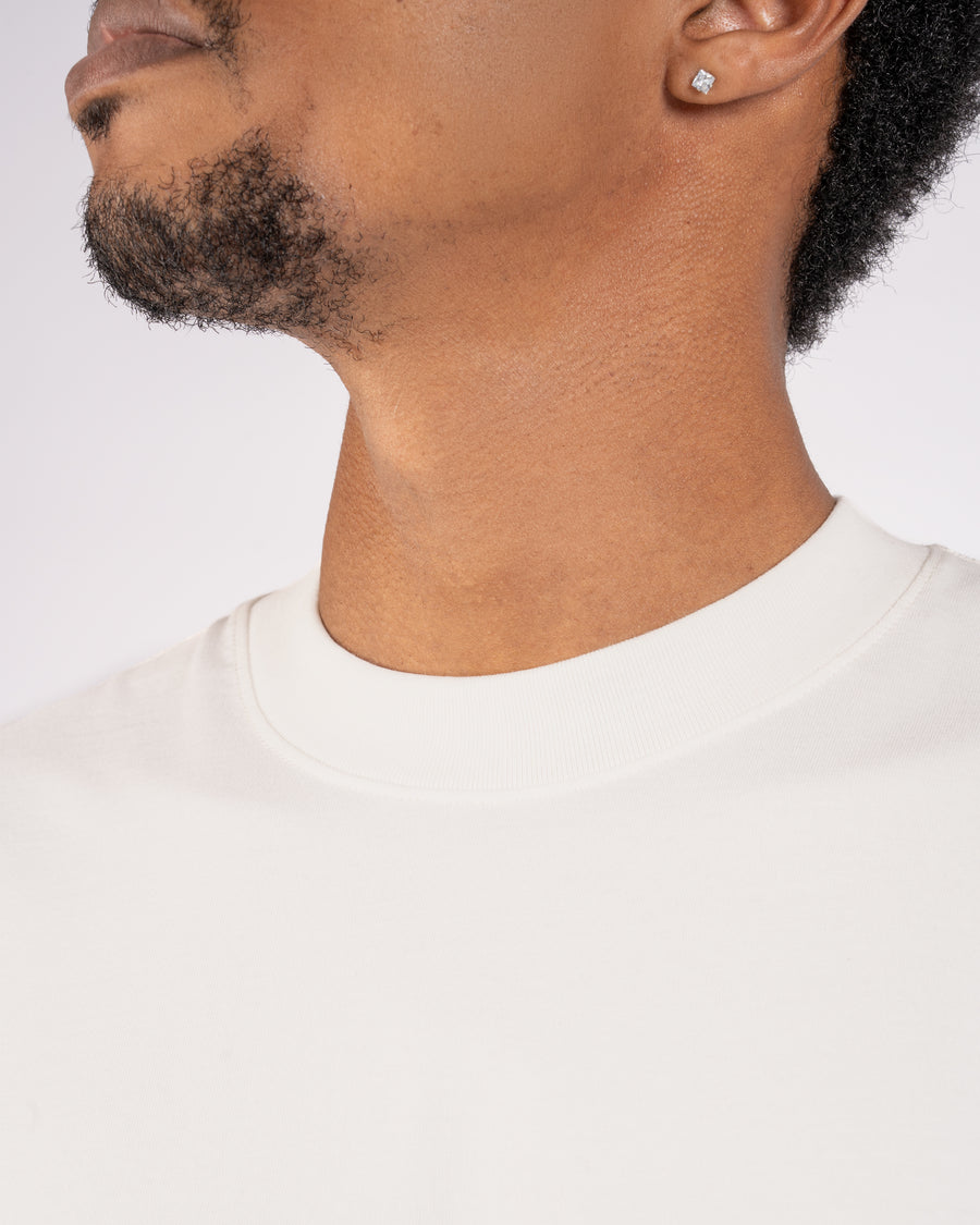 Close-up of the structured rib collar on a white XBLANKS T-shirt