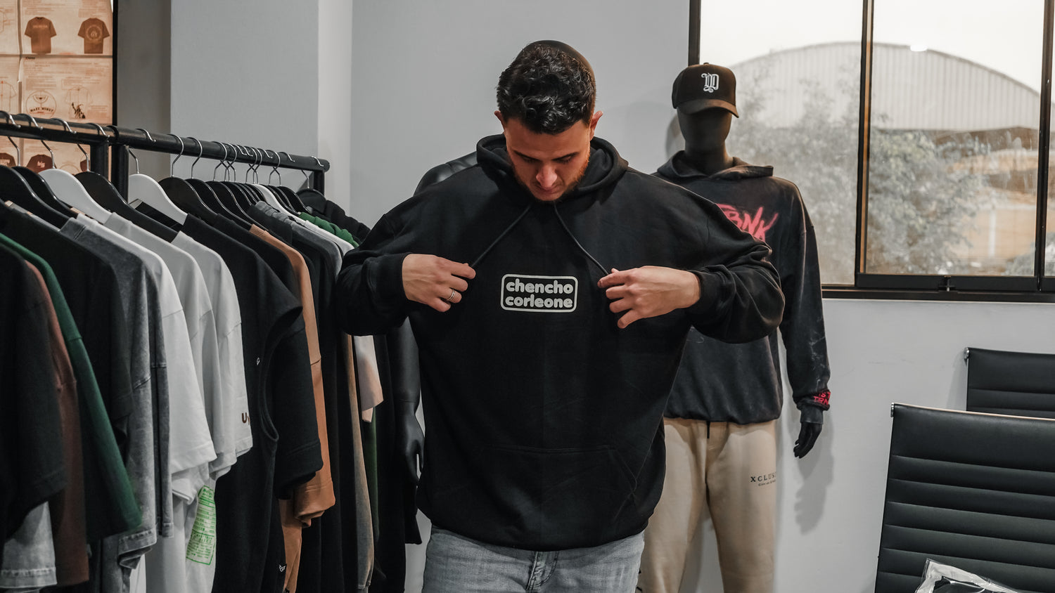 Finished Chencho Corleone custom hoodie photographed at the Xtextile workshop