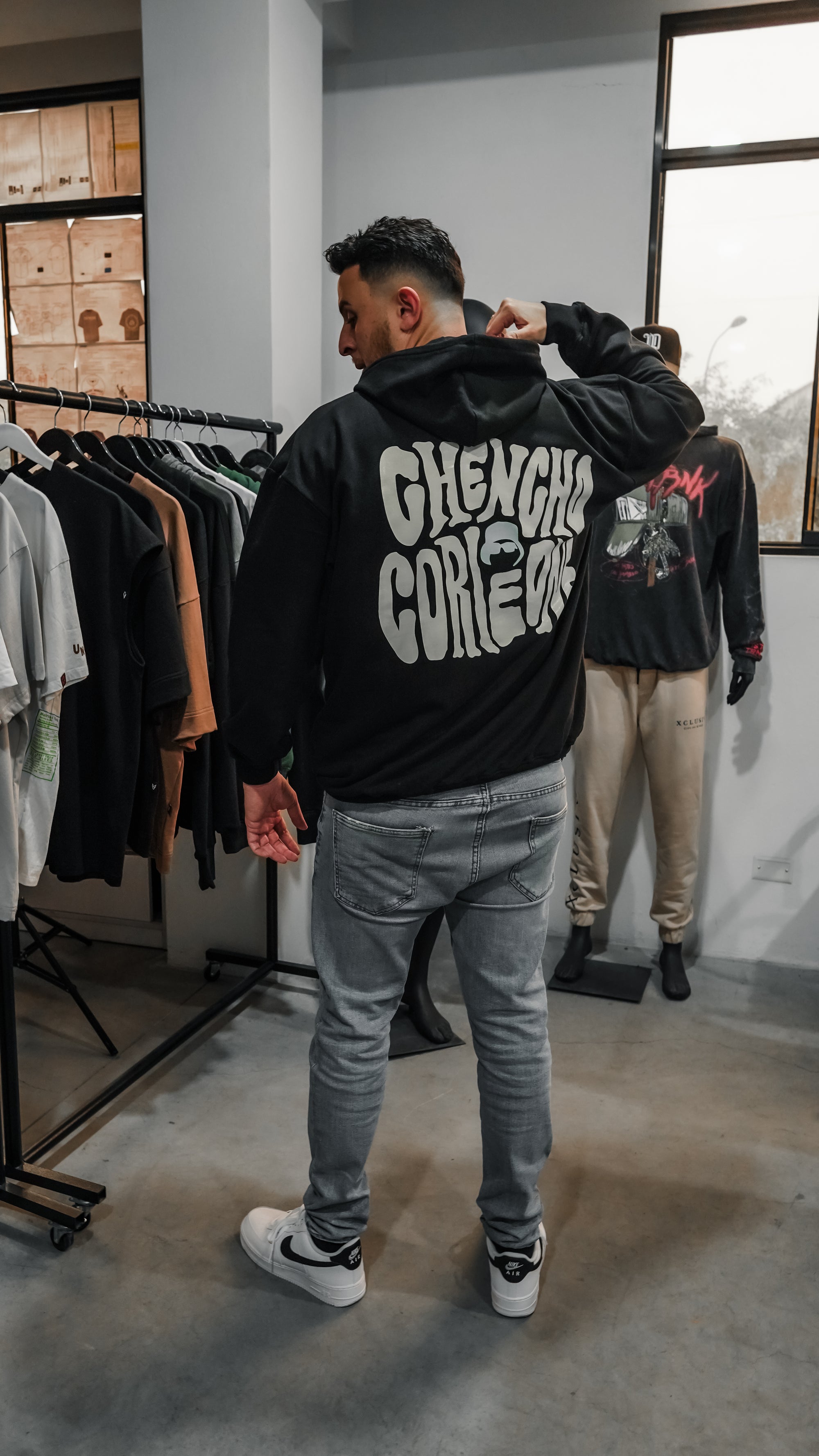 Back view of the Chencho Corleone custom hoodie showing the full graphic