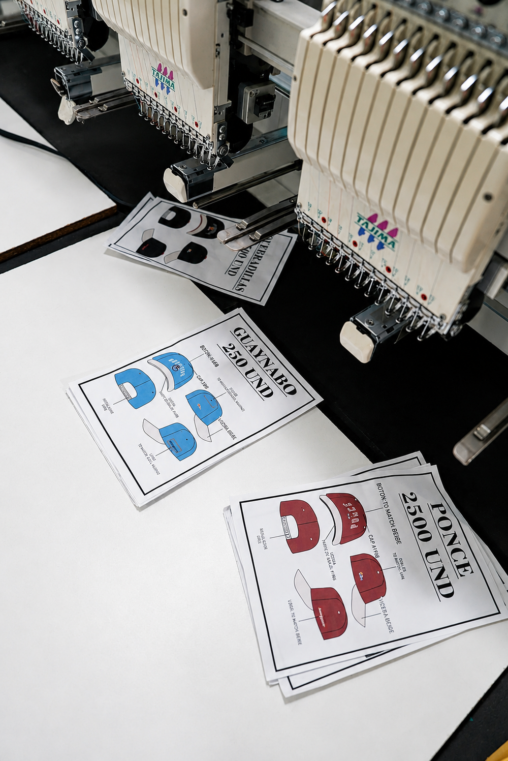 Embroidery machines and production sheets used for BSN cap planning